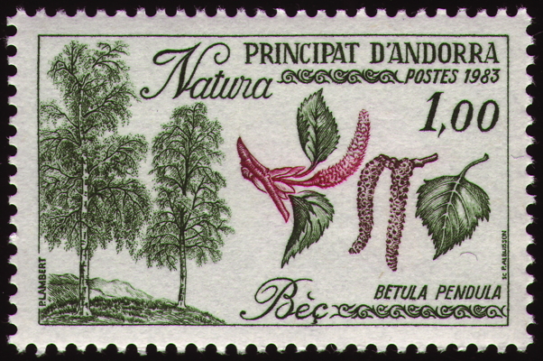 Hänge-Birke auf Briefmarke, Andorra, 1983