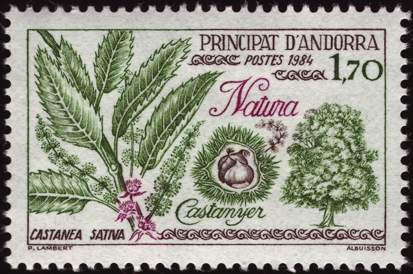 Edelkastanie auf Briefmarke, Andorra, 1984